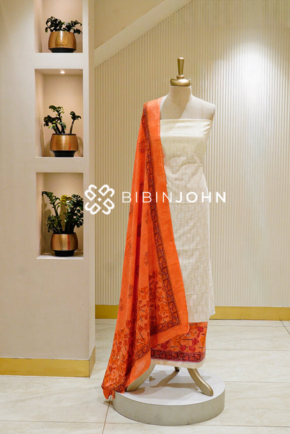 Printed Cotton Unstitched Salwar Suit Off White/Vibrant Orange BJ1513