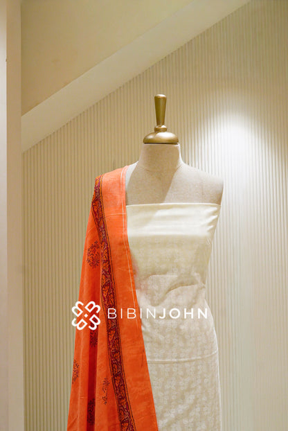 Printed Cotton Unstitched Salwar Suit Off White/Vibrant Orange BJ1513