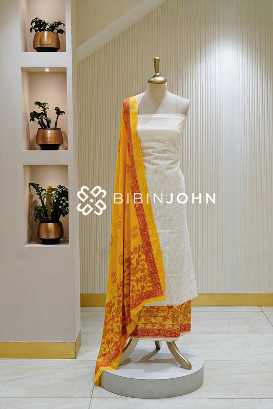Cotton Unstitched Salwar Suit Material Ivory White with Mustard Yellow BJ1515