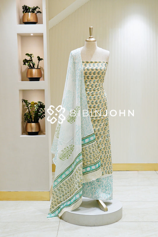 Printed Cotton Unstitched Salwar Suit Material Pastel Lemon Yellow BJ1540