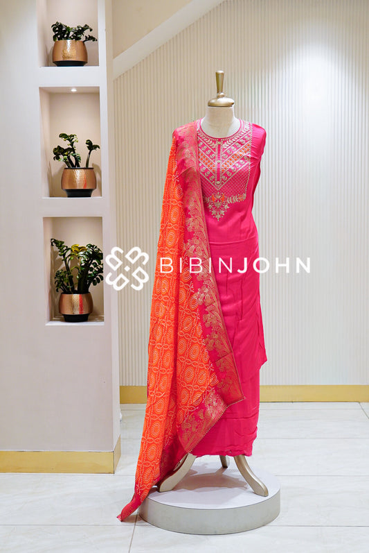 Semi Stitched Silk Embroidery Salwar Suit Material  Rani Pink BJ1545