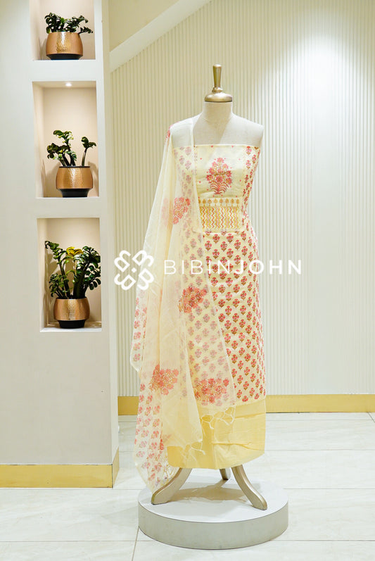 Printed Cotton Unstitched Salwar Suit Material Cream BJ1549