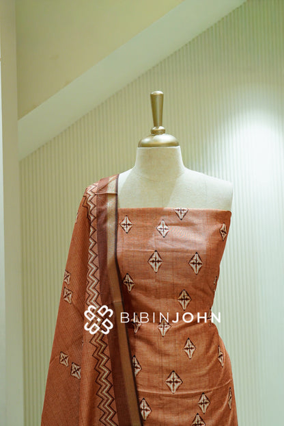 Printed Chanderi Unstitched Salwar Suit Material Terracotta Brown BJ1556