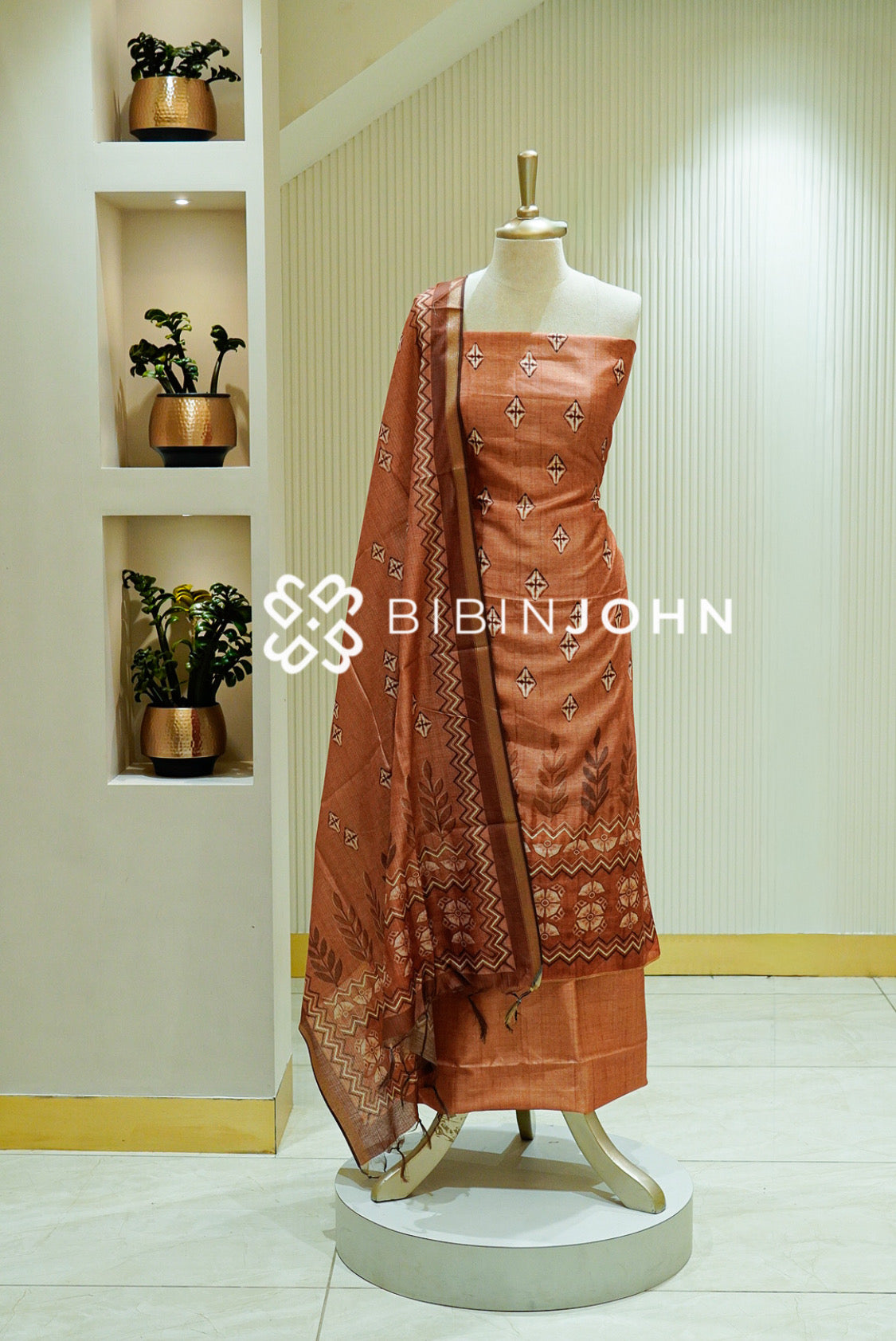 Printed Chanderi Unstitched Salwar Suit Material Terracotta Brown BJ1556