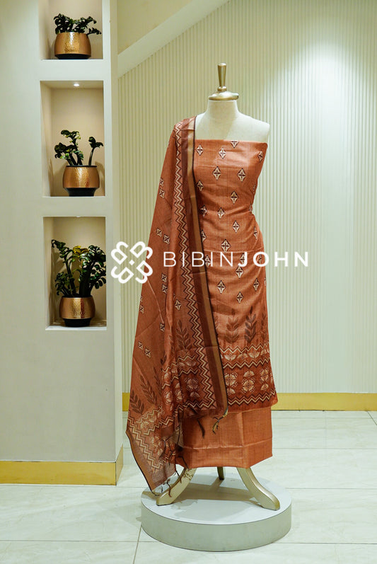 Printed Chanderi Unstitched Salwar Suit Material Terracotta Brown BJ1556