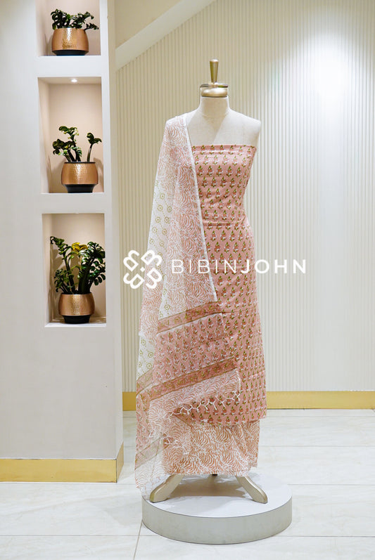 Printed Cotton Unstitched Salwar Suit Material Peach Pink BJ1559