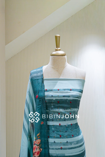 Muslin Embroidery Unstitched Salwar Suit Material Teal Blue BJ1563
