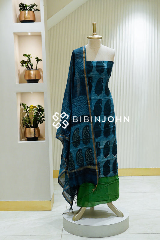 Ajrak Printed Chanderi Unstitched Salwar Suit Material Teal Blue BJ1565