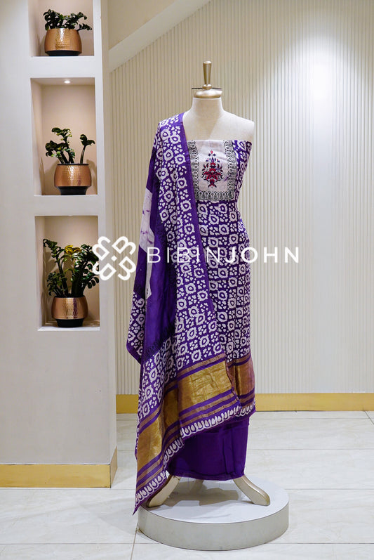 Printed Batik Unstitched Salwar Suit Material Royal Purple BJ1566