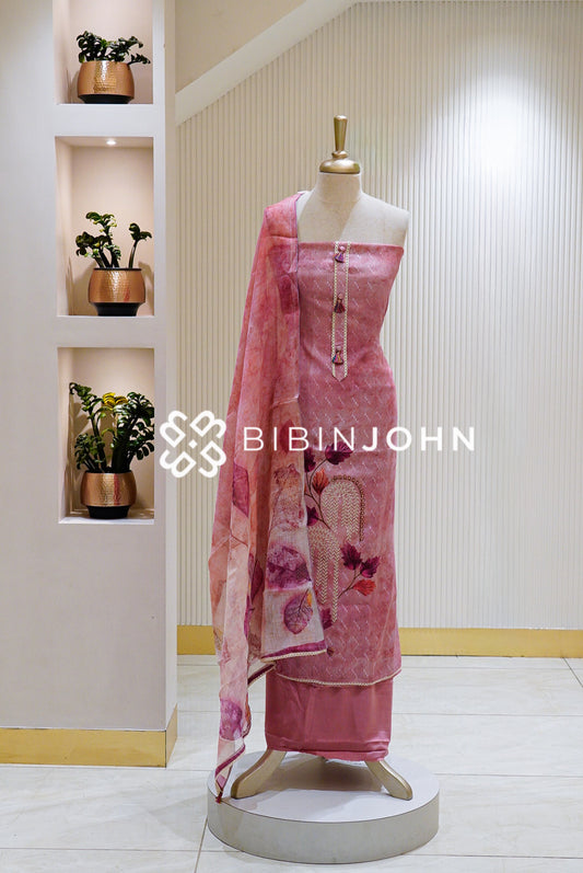 Linen Embroidery Unstitched Salwar Suit Material Dusty Rose Pink BJ1567