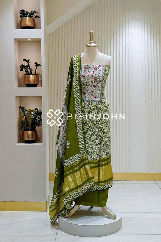 Batik Unstitched Salwar Suit Material Olive Green BJ1570