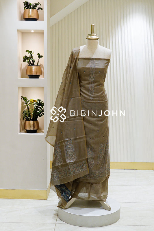 Printed Chanderi Unstitched Salwar Suit Material Taupe Brown BJ1571