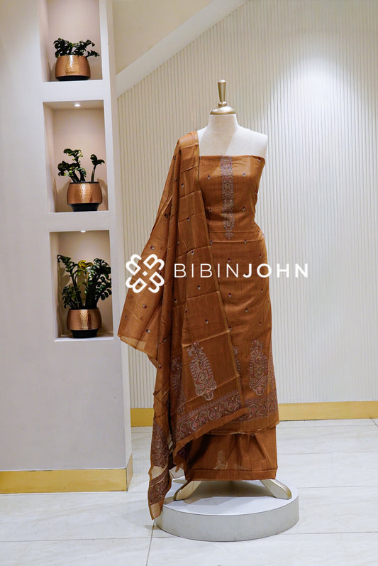 Chanderi Jamdani Unstitched Salwar Suit Material Copper Brown BJ1572