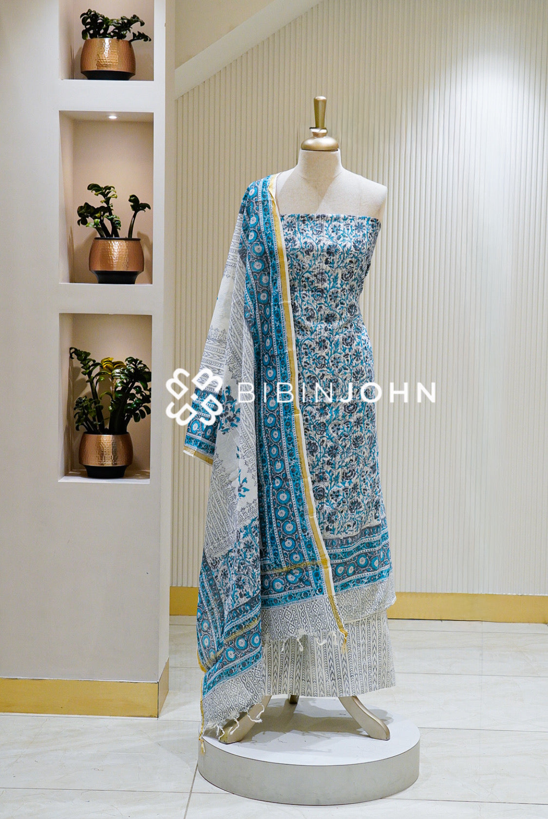 Printed Chanderi Unstitched Salwar Suit Material Ivory White BJ1573
