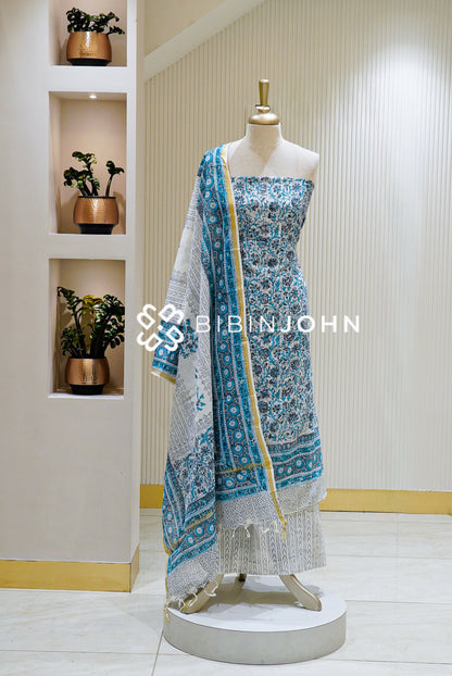 Printed Chanderi Unstitched Salwar Suit Material Ivory White BJ1573