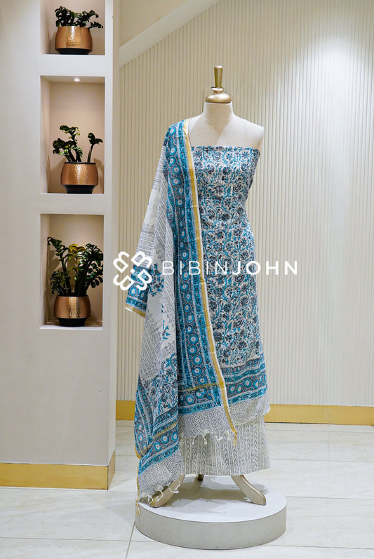Printed Chanderi Unstitched Salwar Suit Material Ivory White BJ1573