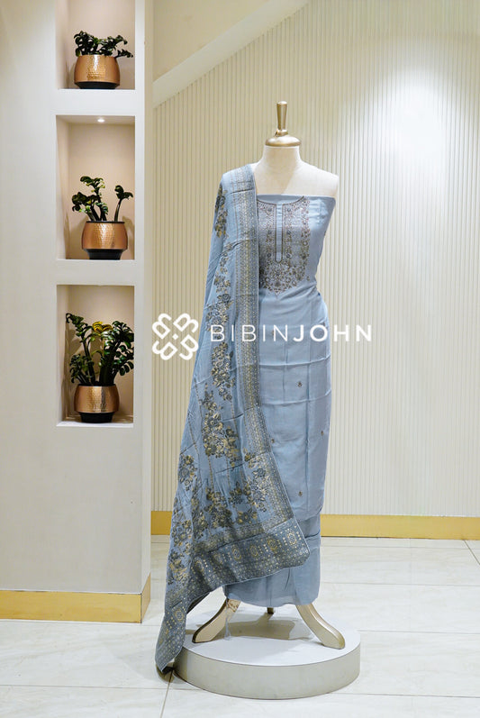 Silk Embroidery Unstitched Salwar Suit Material Powder Blue BJ1578