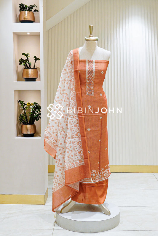 Linen Art Embroidery Unstitched Salwar Suit Material Rust Orange BJ1581