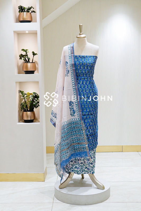 Printed Chanderi Unstitched Salwar Suit Material Royal Blue BJ1582