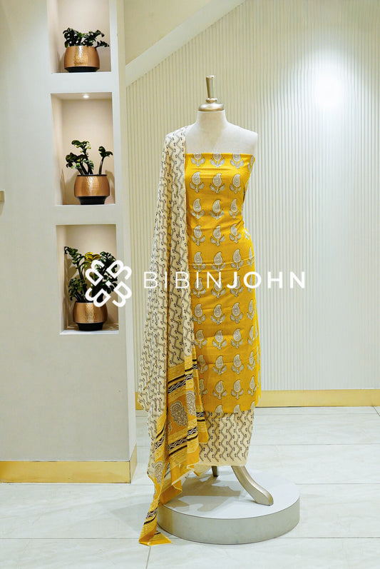 Printed Cotton Unstitched Salwar Suit Material Mustard Yellow BJ1592