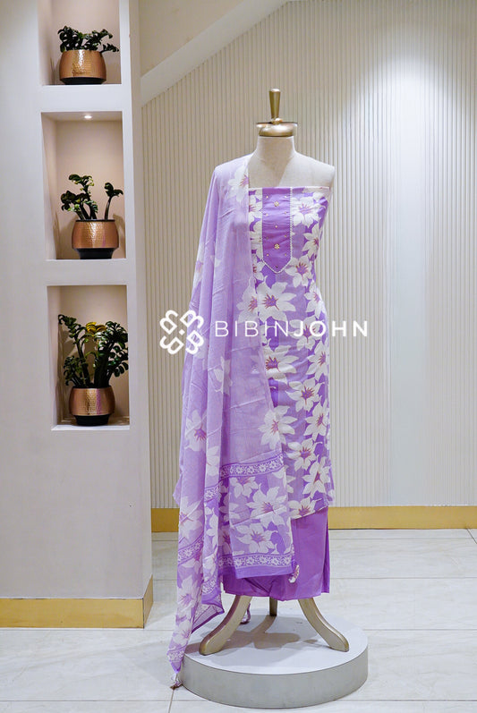 Cotton Embroidery Unstitched Salwar Suit Material Lavender Purple BJ1595
