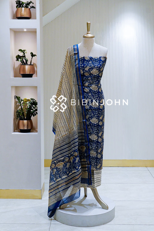 Printed Chanderi Unstitched Salwar Suit Material Royal Blue BJ1597