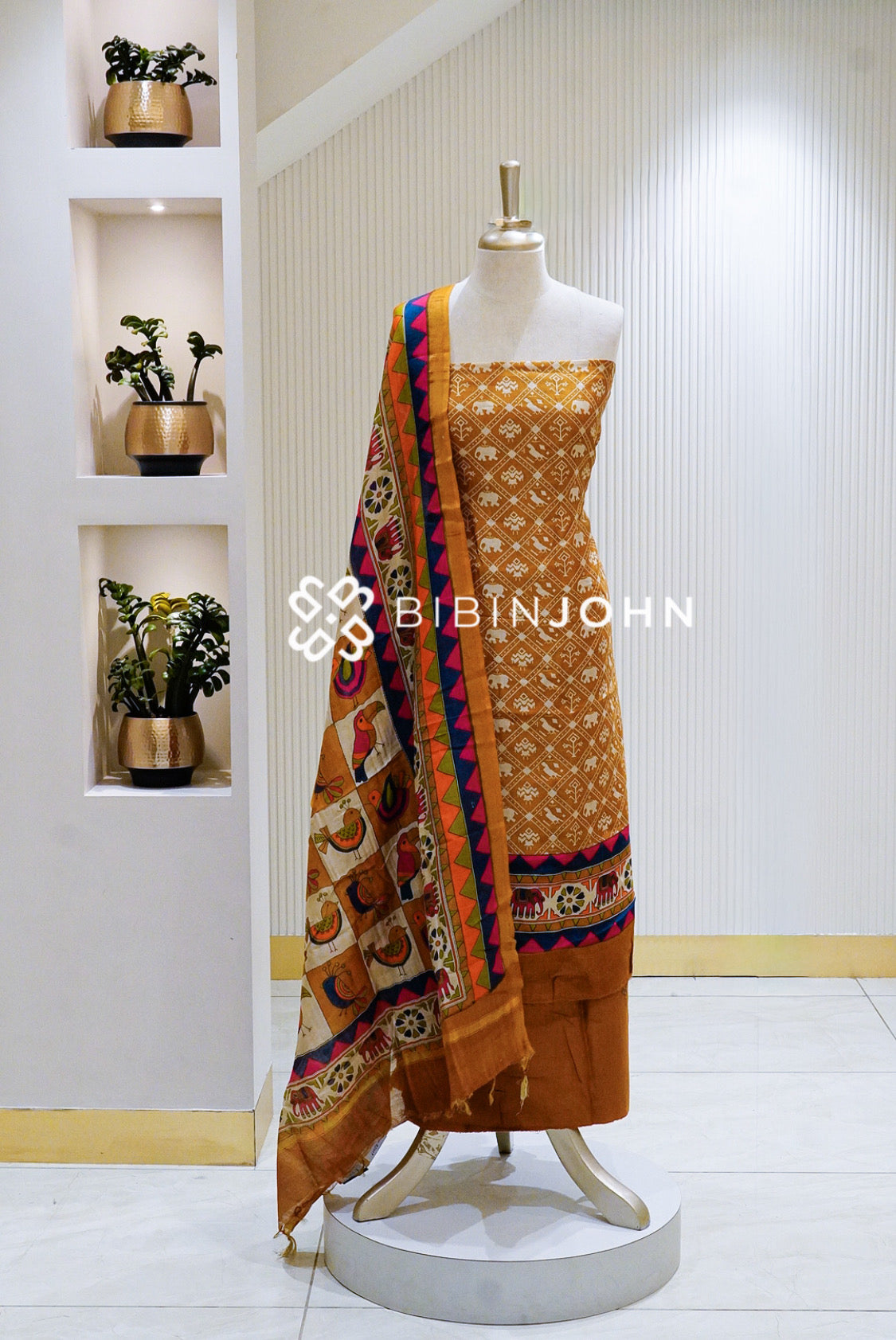 Printed Chanderi Unstitched Salwar Suit Material Mustard Yellow BJ1609