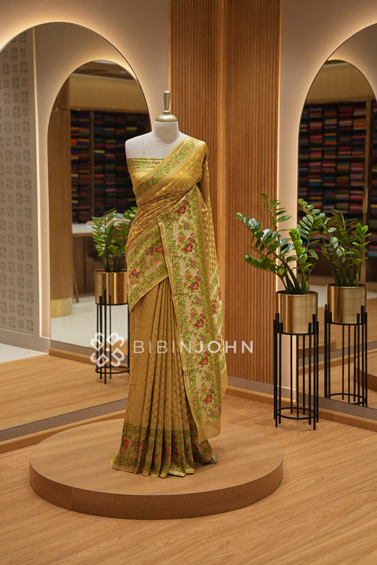 Georgette Brocade Saree For Women Mustard Gold BJ1613