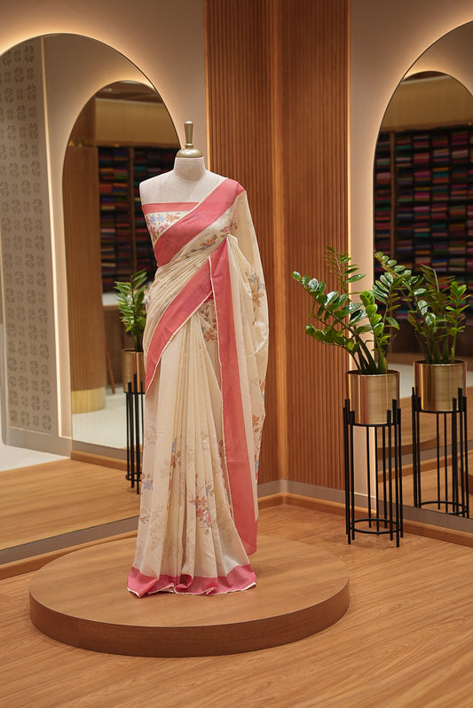 Printed Cotton Saree For Women Ivory White with Dusty Pink BJ1614
