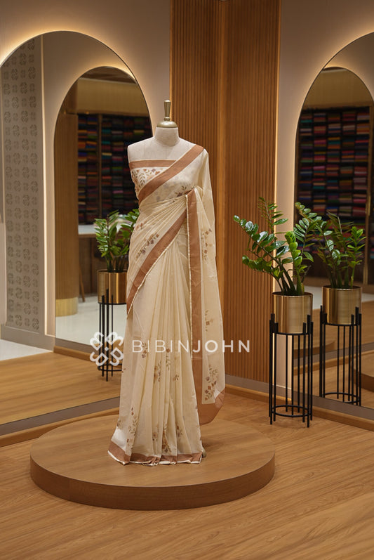 Printed Cotton Saree For Women  Ivory White with Coffee Brown BJ1616