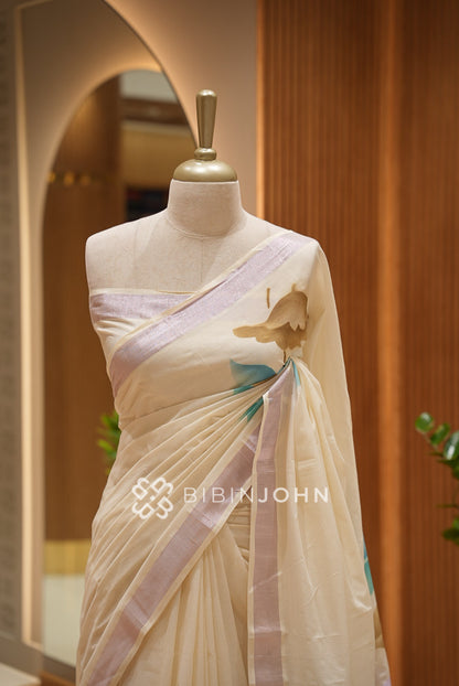 Printed Cotton Saree For Women Ivory Cream BJ1622