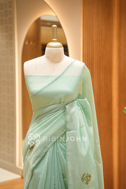 Tissue Embroidery Saree For Women Mint Green BJ1623
