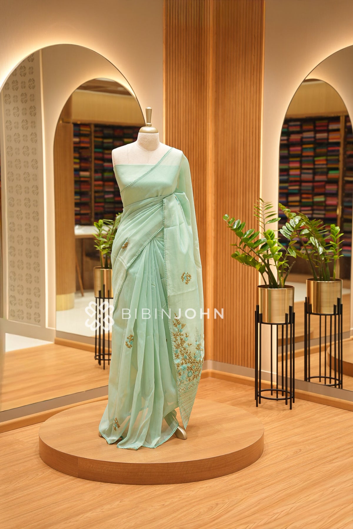 Tissue Embroidery Saree For Women Mint Green BJ1623