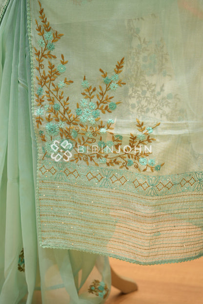 Tissue Embroidery Saree For Women Mint Green BJ1623