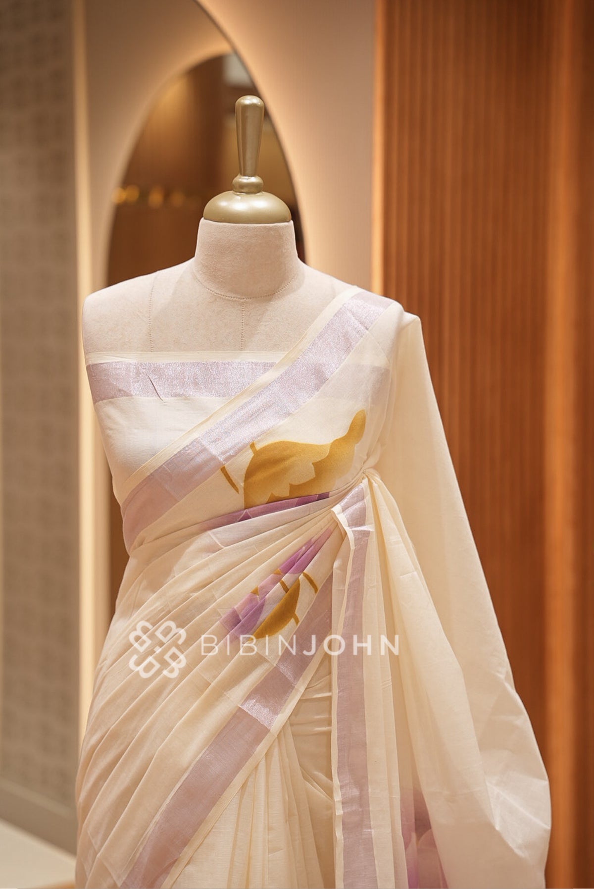 Printed Cotton Saree For Women Ivory Cream With Lavender BJ1624