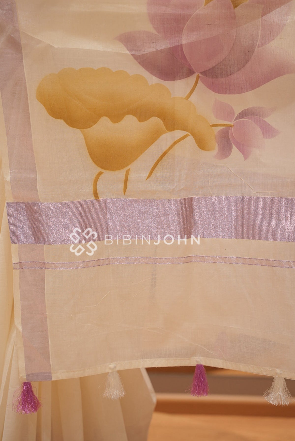 Printed Cotton Saree For Women Ivory Cream With Lavender BJ1624