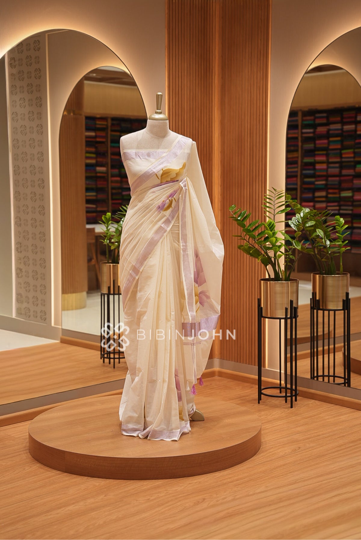 Printed Cotton Saree For Women Ivory Cream With Lavender BJ1624