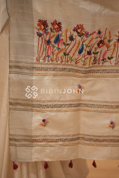 Silk Embroidery Saree For Women Ivory Beige BJ1628