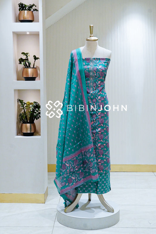 Printed Cotton Unstitched Salwar Suit Material Turquoise Green BJ1632
