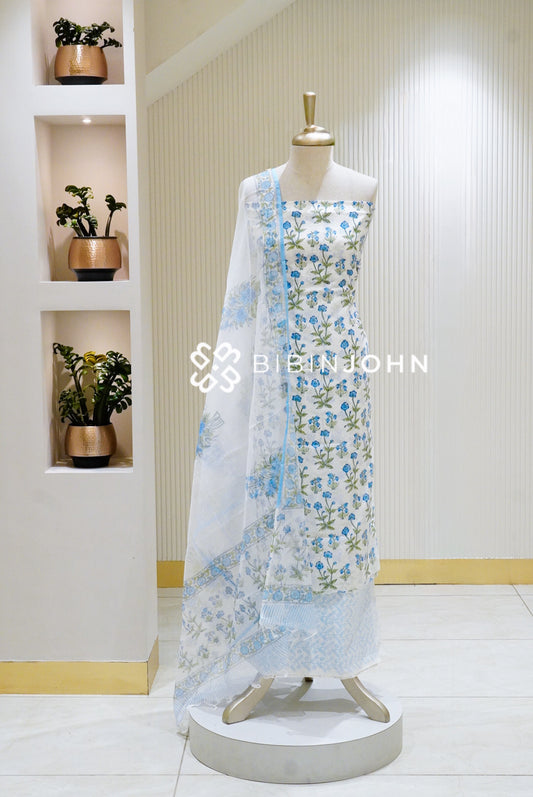 Printed Cotton Unstitched Salwar Suit Materials White BJ1634
