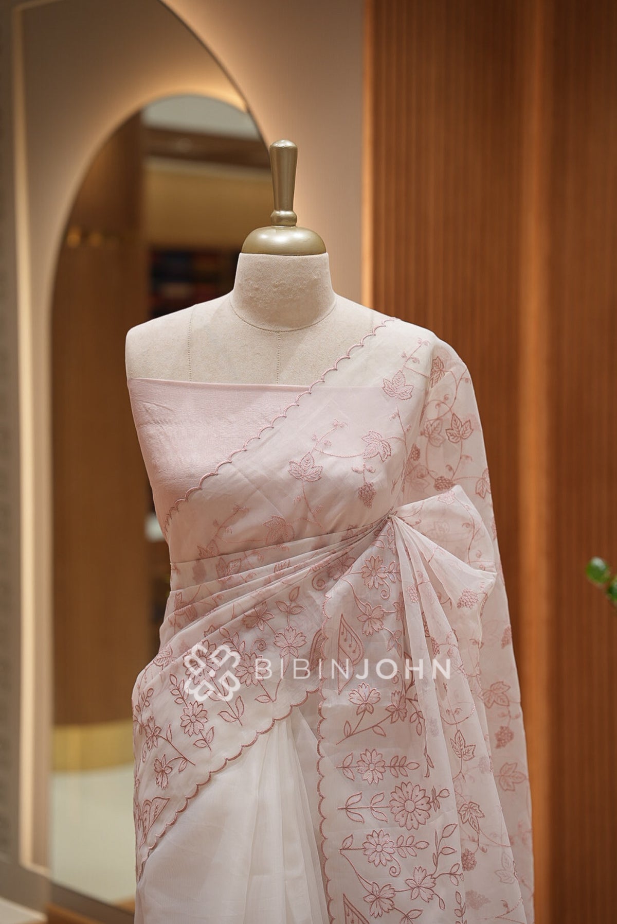 Organza Embroidery Saree For Women Ivory White With Blush Pink BJ1640