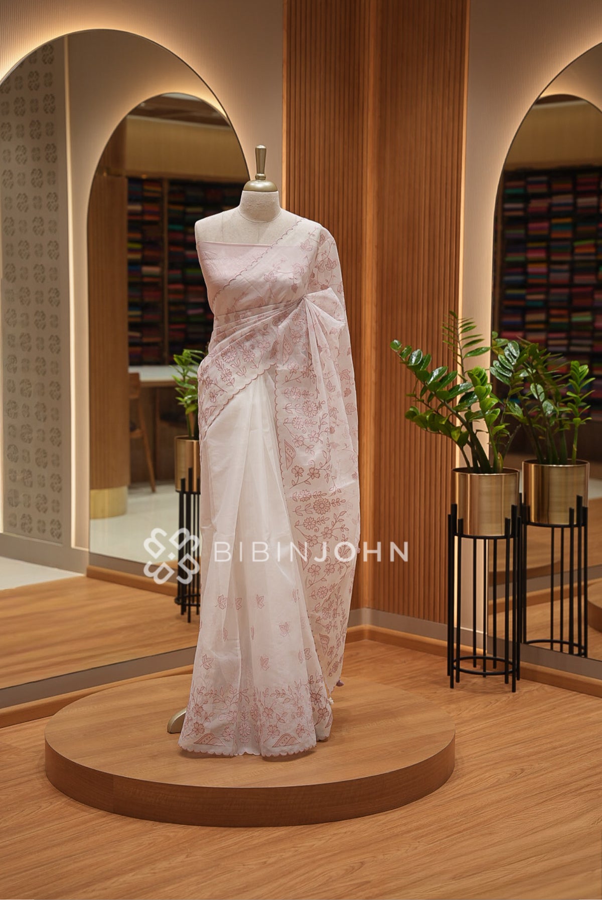 Organza Embroidery Saree For Women Ivory White With Blush Pink BJ1640