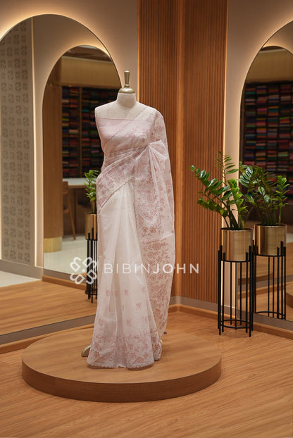Organza Embroidery Saree For Women Ivory White With Blush Pink BJ1640