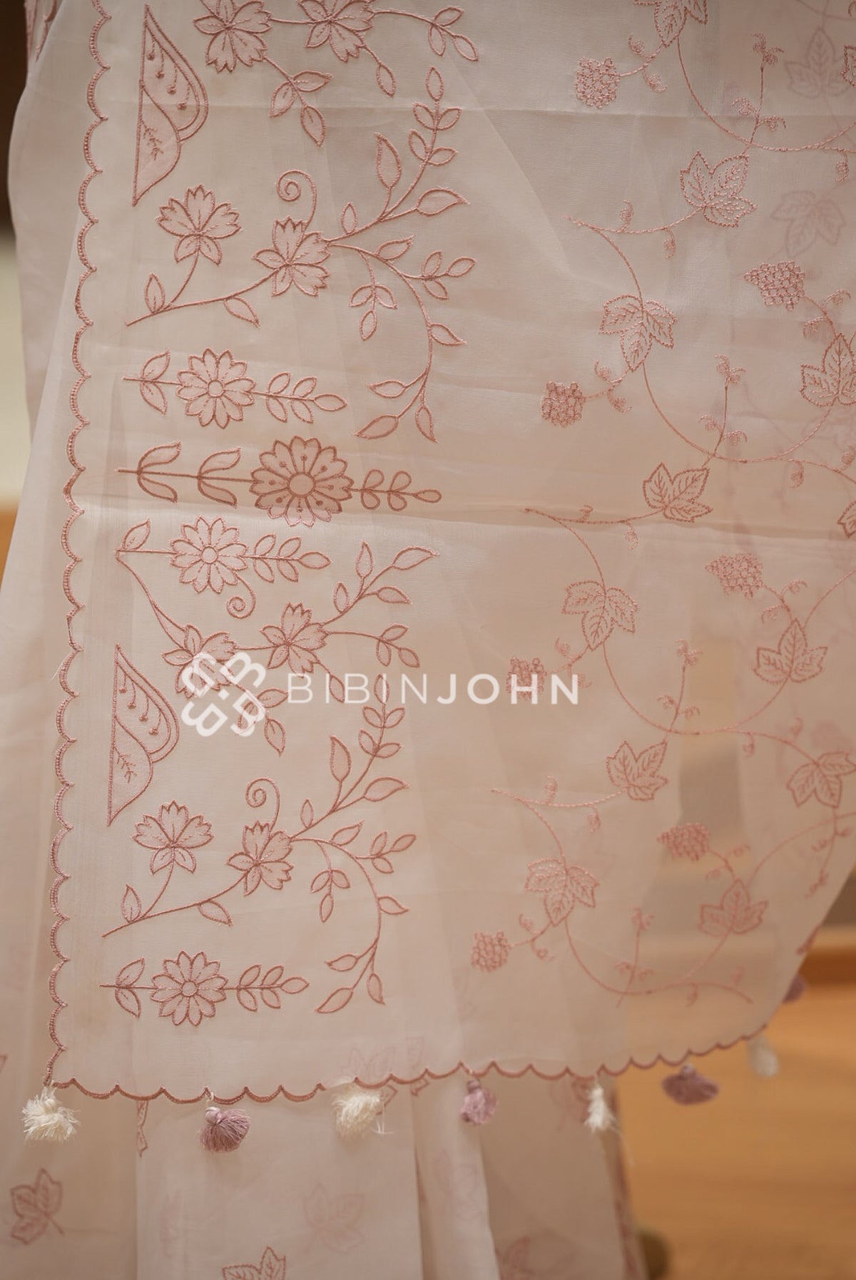 Organza Embroidery Saree For Women Ivory White With Blush Pink BJ1640