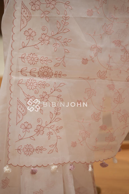 Organza Embroidery Saree For Women Ivory White With Blush Pink BJ1640