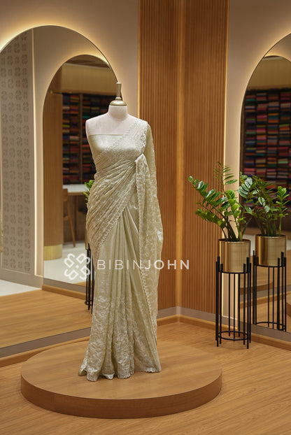 Tissue Organza Embroidery Saree For Women Pistachio Green BJ1641