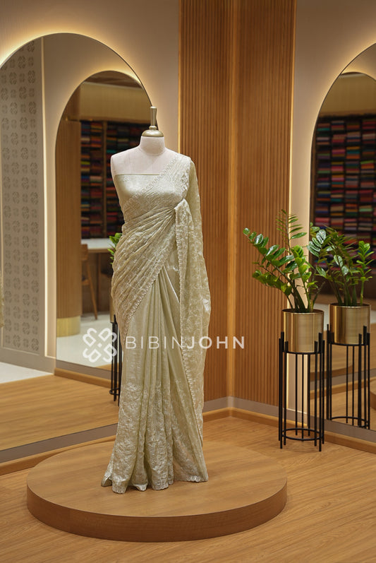 Tissue Organza Embroidery Saree For Women Pistachio Green BJ1641