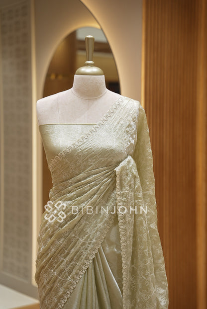 Tissue Organza Embroidery Saree For Women Pistachio Green BJ1641