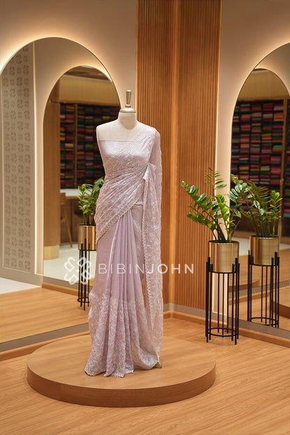 Tissue Organza Embroidery Saree For Women Lavender-grey BJ1642