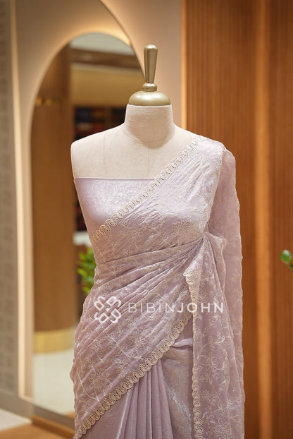 Tissue Organza Embroidery Saree For Women Lavender-grey BJ1642
